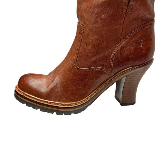 FRYE Mildred Cognac Leather Engineer Pull On Heeled Boot - Picture 5 of 10